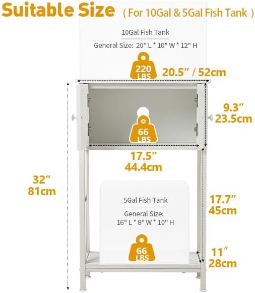 LAQUAL 10 Gallon Fish Tank Stand with Cabinet, Double Aquarium Stand for 10 & 5 Gallon Fish Tank, Heavy Metal Stand with Stable Structure, Adjustable Table Feet & Anti-tilt Device - White