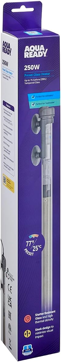 AquaReady 250w Preset Aquarium Heater - Submersible Fish Tank Heater for Freshwater & Saltwater Aquariums, Reliable & Energy Efficient, Compact Design for 53-75 Gallon Tanks