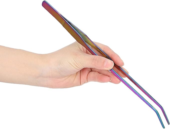 TITA-DONG 27cm Reptile Feeding Tongs, Rainbow Color Aquarium Tweezers Stainless Steel Fishbowl Long Tweezers, Aquascaping Tools for Hold Worms, Reptiles, Lizards, Bearded Dragon(27cm Curved Clip)