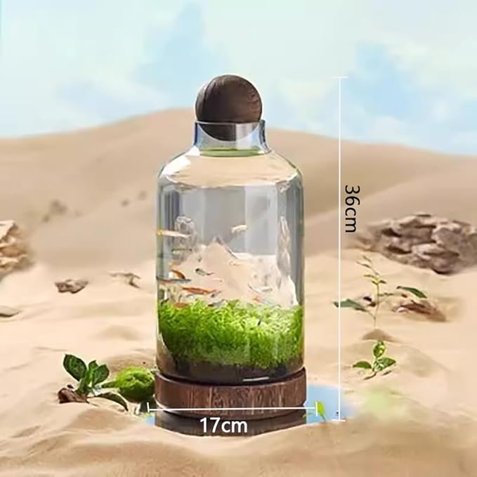 Glass Aquarium with Wooden Base, Microecosphere Fish Tank, Transparent Bottle-Shaped Batta Fish Bowel, Micro-Landscape Ecological Aquarium, Modern Glass Goldfish Tank,M