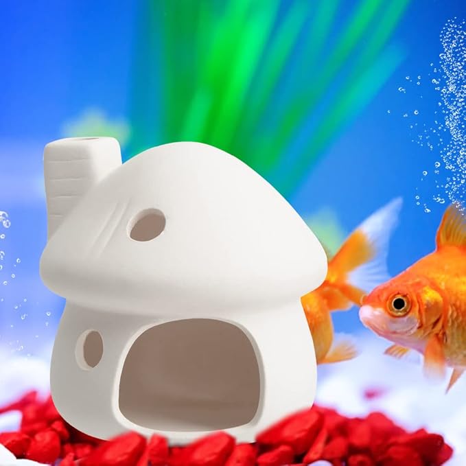 Aquarium Decor Ceramic Mushroom House Ornament Fish Tank Landscape Decoration Pottery Hide Cave Habitat Hut Small Shrimp for Goldfishes to Rest Breed Hiding (White)