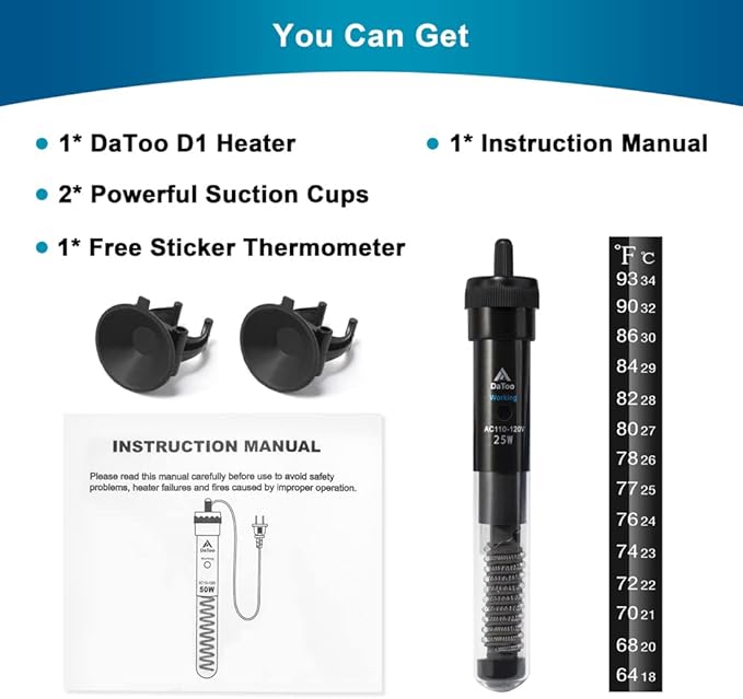 DaToo Aquarium Heater Adjustable 25W Submersible Fish Tank Heater with Electronic Chip Thermostat Suitable for Marine Saltwater and Freshwater