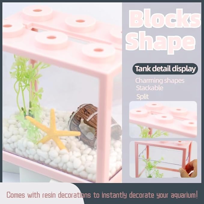 Small Betta Fish Tank, Stackable Mini Fish Tank Tiny Aquarium Tank Kit with Aquarium Gravel & Resin Decorations, 0.6 Gallon Cube Desktop Fishbowl for Snails, Crabs, Starfish (Pink)