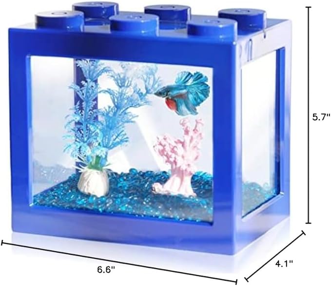 Small Betta Fish Tank, Stackable Mini Fish Tank Aquarium Tank Kit, 3/5 Gallon Rectangular Fish Bowl with Aquarium Gravel Decoration, Tiny Cube Tank for Seaweed Balls Sea Monkeys
