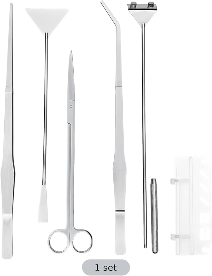 Aquascaping Tools Kit, 6 Pcs Stainless Steel Aquarium Plant Tools Set with Silver Acrylic Holder, 15 in Tweezers, 11.8 in Scissors, Algae Scraper, 12.6 in Sand Spatula