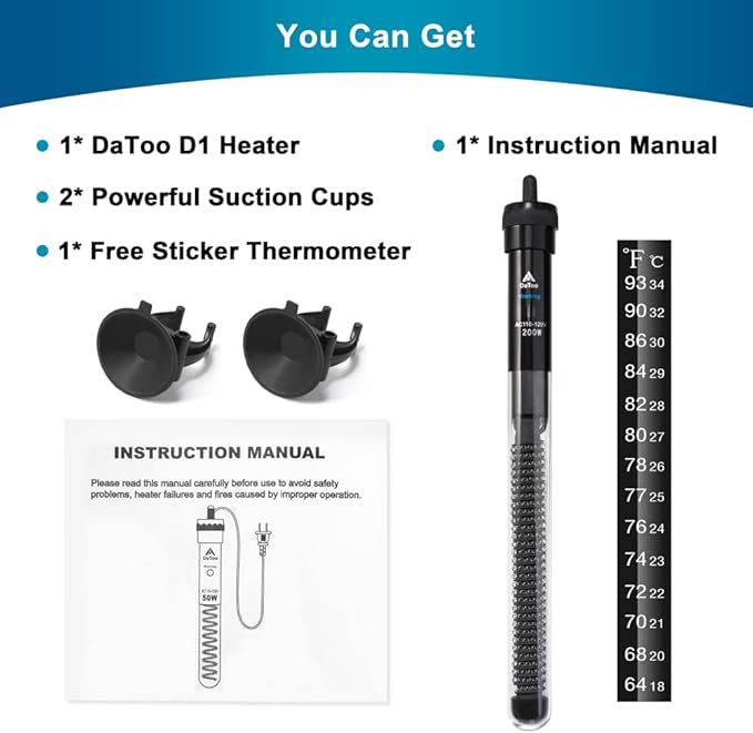 DaToo Aquarium Heater Adjustable 200W Submersible Fish Tank Heater with Electronic Chip Thermostat Suitable for Marine Saltwater and Freshwater