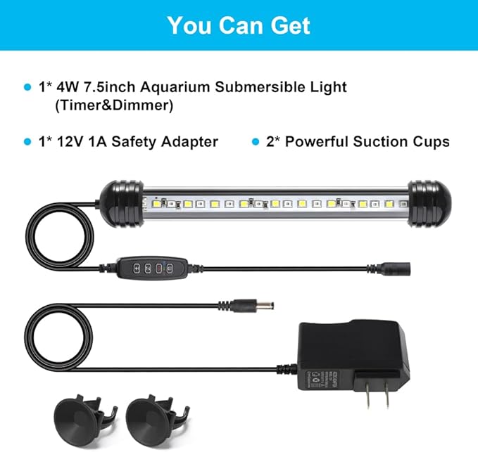 DaToo 4W 7.5inch Submersible Aquarium Light Underwater Fish Tank Light LED Aquarium Light Bar with Timer Auto On/Off and Dimmer Adjustable Brightness, 1 Yr Warranty