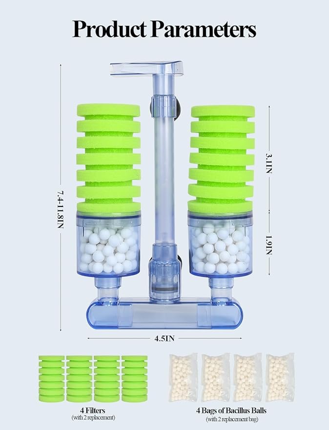 UPETTOOLS Aquarium Biochemical Sponge Filter(M), Ultra Quite Aquarium Air Pump Double Head Bio Sponge Fish Tank Foam Filter,15-50 Gallon