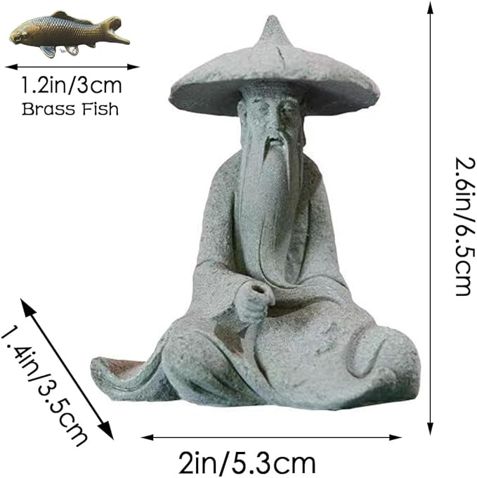 livelyfish Mini Fisherman Statue Asian Zen Decoration Sitting Fishing Figurines Sandstone Vintage Ornament for Aquarium Fish Tank Pot Garden Home Japanese Decor,D