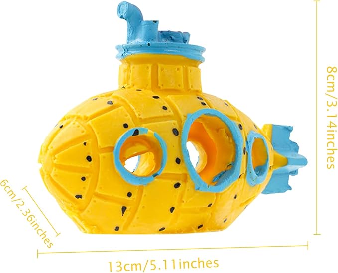 Resin Hollow Submarine Fish Tank Decorations Aquarium Shrimp Hideout Aquarium Ornament Hiding Cave Shelter for Shrimp Betta Lizards Hideaway Decor (Submarine Yellow)