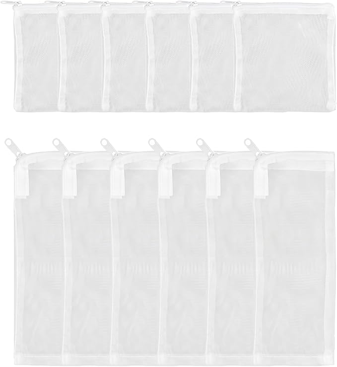 12PCS Aquarium Filter Media Bags, 6PCS 4” x 4” & 6PCS 3” x 8” Extra Fine 100 Micron Mesh with Plastic Zipper for Fish Tank Filter Media, Activated Carbon