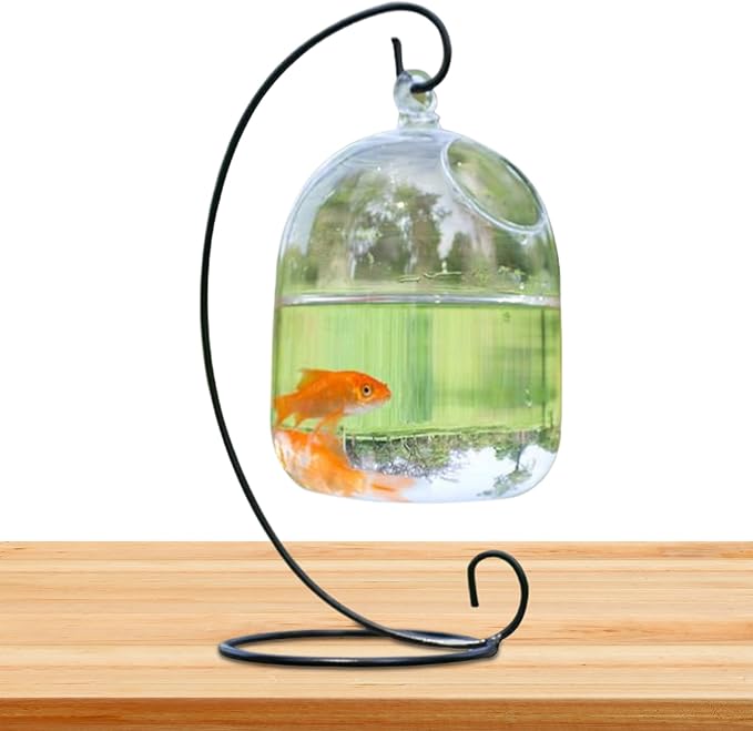 Desk Hanging Fish Tank Bowl with Stand,Hanging Fish Bowl with Stand, Transparent Mini Fish Tank Bowl, Space-Saving Impermeable Construction Glass Vase Aquarium for Home, Office Accessory