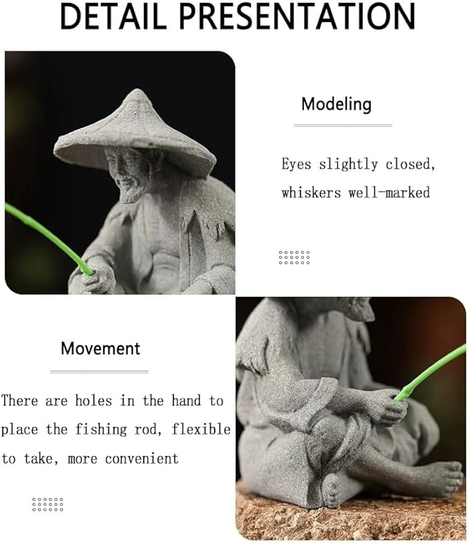 livelyfish Mini Fisherman Statue Asian Zen Decoration Sitting Fishing Figurines Sandstone Vintage Ornament for Aquarium Fish Tank Pot Garden Home Japanese Decor (C2)