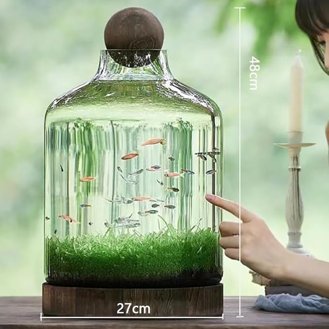 Glass Aquarium with Wooden Base, Microecosphere Fish Tank, Transparent Bottle-Shaped Batta Fish Bowel, Micro-Landscape Ecological Aquarium, Modern Glass Goldfish Tank,XL