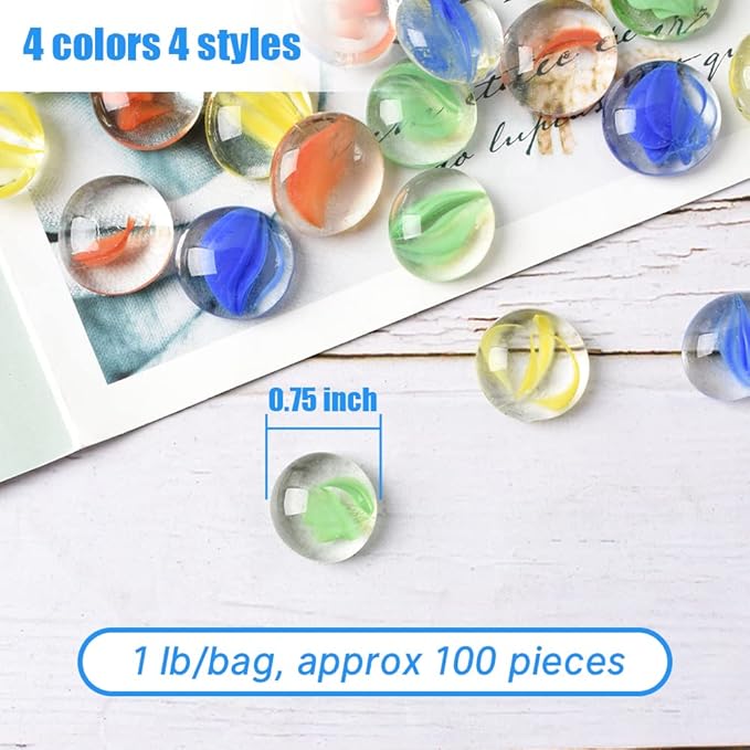 Flat Glass Marbles, 1Lb 0.75 Inch Glass Gems for Vase Filler, Crafts, Aquarium and Fish Tank Pebbles, Party Centerpieces, Floral Display
