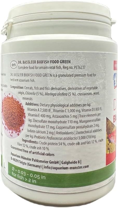 Bassleer Dr Biofish Food Green - Premium Granulated Fish Food for Herbivores, Enriched with Moringa and Chlorella, Suitable for Fresh & Marine Water (Lrg, 150g)