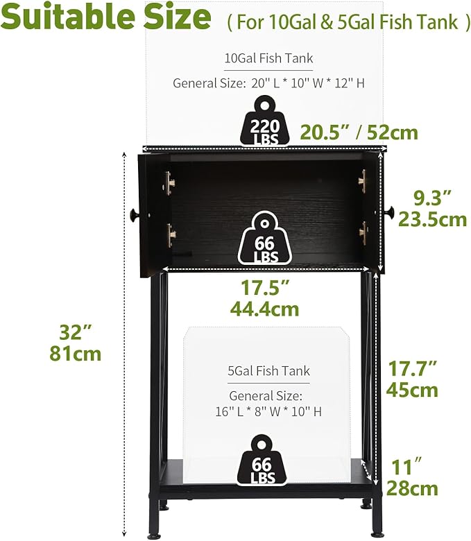 LAQUAL 10 Gallon Fish Tank Stand with Cabinet, Double Aquarium Stand for 10 & 5 Gallon Fish Tank, Heavy Metal Stand with Stable Structure, Adjustable Table Feet & Anti-tilt Device - Black
