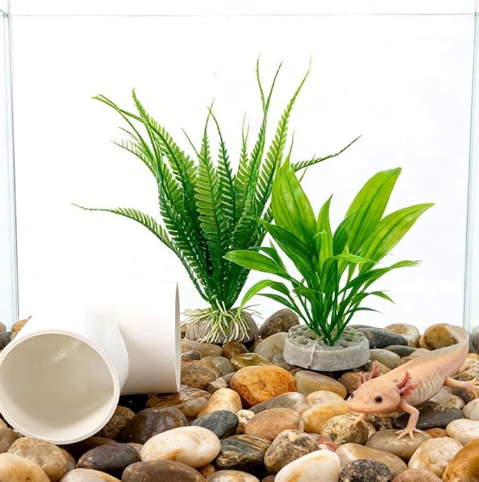 Axolotl Hide Tube and 2 Artificial Plants for Aquarium, Axolotl Cave and Aquatic Plant Set, Aquarium Decor Set, Safe Hide Tube & Green Plants for Axolotl, Fish, Turtles ,Fish, Tank Decorations Accesso