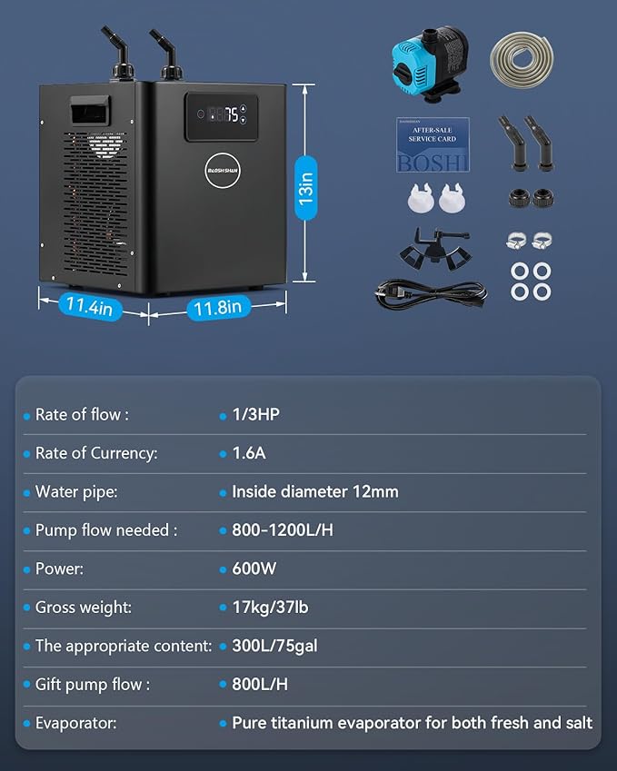 BAOSHISHAN Aquarium Chiller 79 gal, 1/3 hp Compressor & Silent Fan for Hydroponics System/Fish Tank/Axolotl/Coral Reef/Fresh & Sea Water