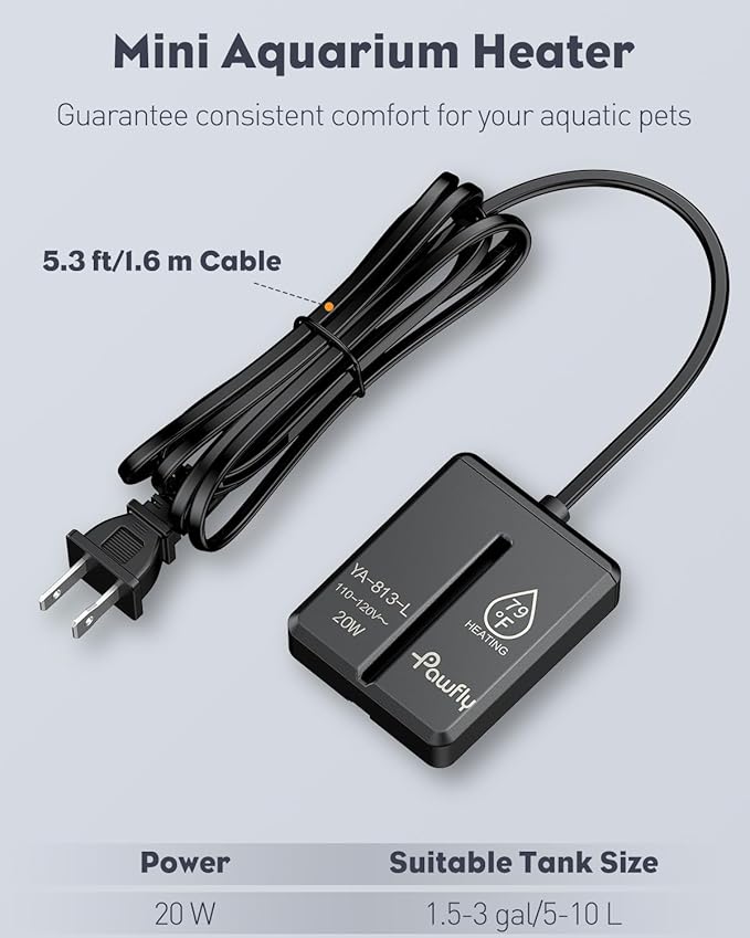 Pawfly 20 W Mini Submersible Aquarium Heater, 1.5-3 Gallon Fish Tanks Heater Betta Heater with Thermostat, Submersible Fishs Tank Heater, Small Aquarium Heaters for Saltwater and Freshwater