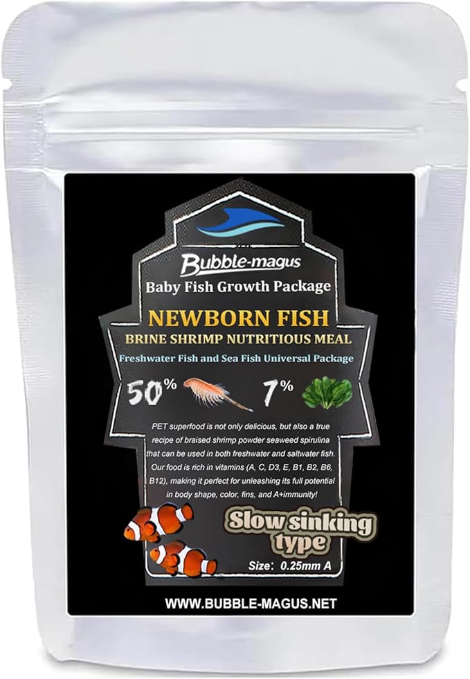 Bubble Magus Baby Fish Food with 50% Sword Prawn Shrimp, Slow Sinking, Substitute for Brine Shrimp - for Fry Health and Cleaner Water(1oz)