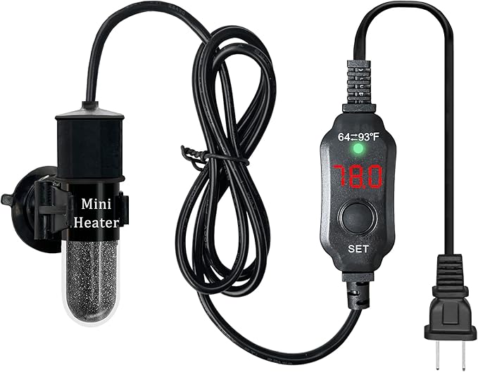 Mini Submersible Aquarium Heater, 10/20/25/50/100/150 Watts Adjustable Fish Tank Heater, Built-in Thermometer, External Temperature Controller, Smart Memory, Used for 1-60 Gallons (10W Plug)