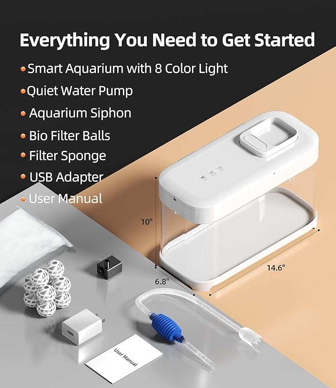 Smart Fish Tank 3 Gallon Aquarium Starter Kit with Temperature Monitor, Hidden Filtration, 8 Color Lighting, Self Cleaning Small Betta Tank Acrylic