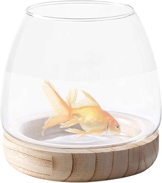 Glass Fish Bowl with Wooden Base, Transparent Small Aquarium Desktop Tank Vase Plant Terrarium Vase Home Decor, Multipurpose Aquarium Bowl for Betta Fish Goldf-ish
