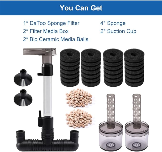 DaToo Aquarium Sponge Filter Fish Tank Foam Filter Quiet Submersible Bio Sponge Filter with 2 Spare Sponges and 1 Bag of Bio Ceramic Media Balls