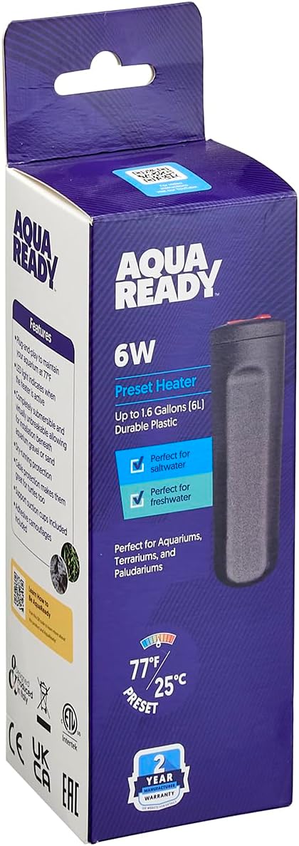 AquaReady 6w Preset Aquarium Heater - Submersible Fish Tank Heater for Freshwater & Saltwater Aquariums, Reliable & Energy Efficient, Compact Design for 2 Gallon Tanks