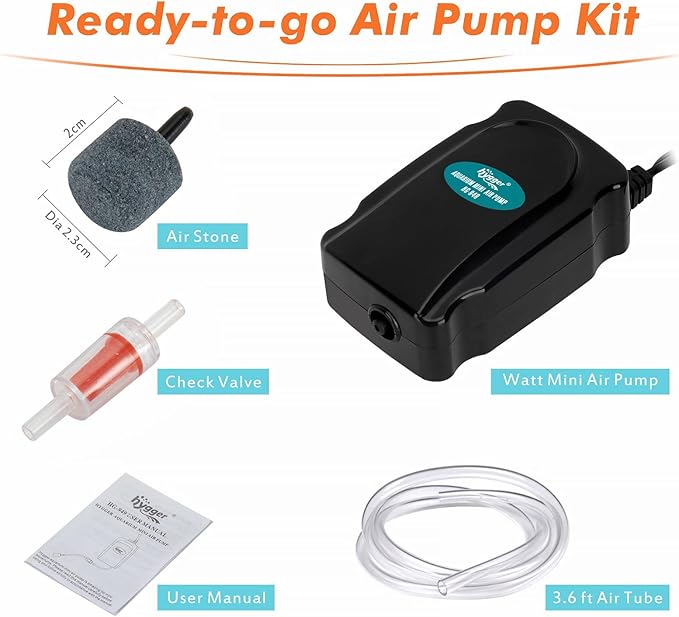 hygger Mini Aquarium Air Pump Kit Small Fish Tank Air Pump 1W for 2-20 Gallon Fish Bowl with Air Tube Air Bubbler Stone Check Valve