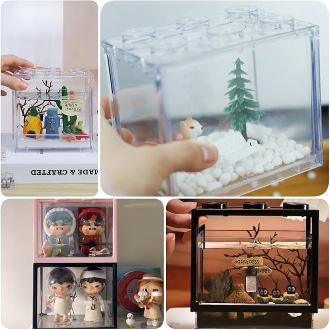 Small Sea Monkey Tank, Stackable Mini Betta Fish Tank Tinny Aquarium Kit with Aquarium Gravel, Moss Ball Tank Shrimp Tank 0.27 Gallon Acrylic Cube Fish Bowl for Shrimp Snails