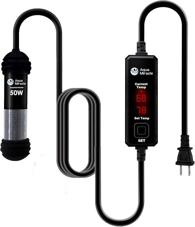 AquaMiracle Upgraded 50W Small Aquarium Heater Fish Tank Heater Turtle Heater Super Mini Aquarium Heater, Dry-Run/Overheating Protection and Memory Function, Dual LED Display, for 5-10 Gal Tanks