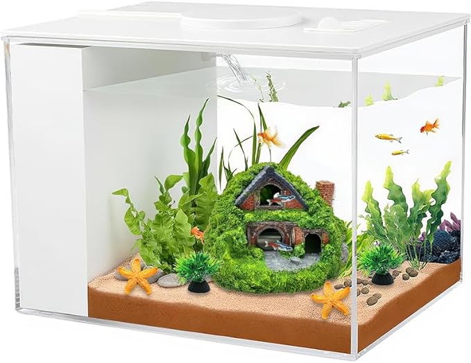 Fish Tank Decorations kit, Aquarium Decor Hobbit House x 1pc, Fish Tank Accessories Aquatic Plants x 2pcs, Starfish x 2pcs.
