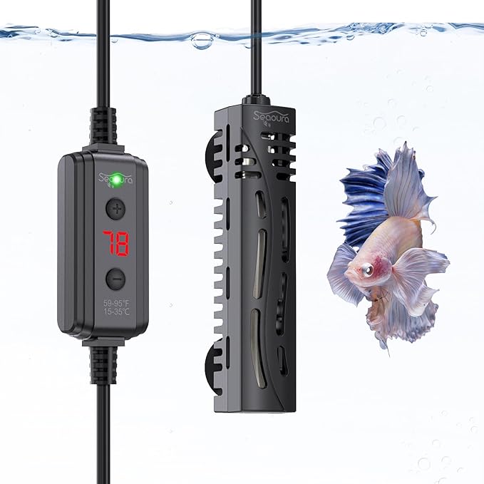 SEAOURA Small Aquarium Heater, 25W Mini Turtle and Betta Fish Tank Heater 1-6 Gallon Tank, Adjustable Submersible Aquarium Heater with External Controller for Freshwater and Saltwater