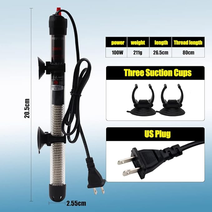 Aquarium Heater 25W 50W 100W 200W 300W Auto Submersible Heater Thermostat Fish Tank Heater with Suction Cups Thermometer Sticker Submersible Heater (100W)