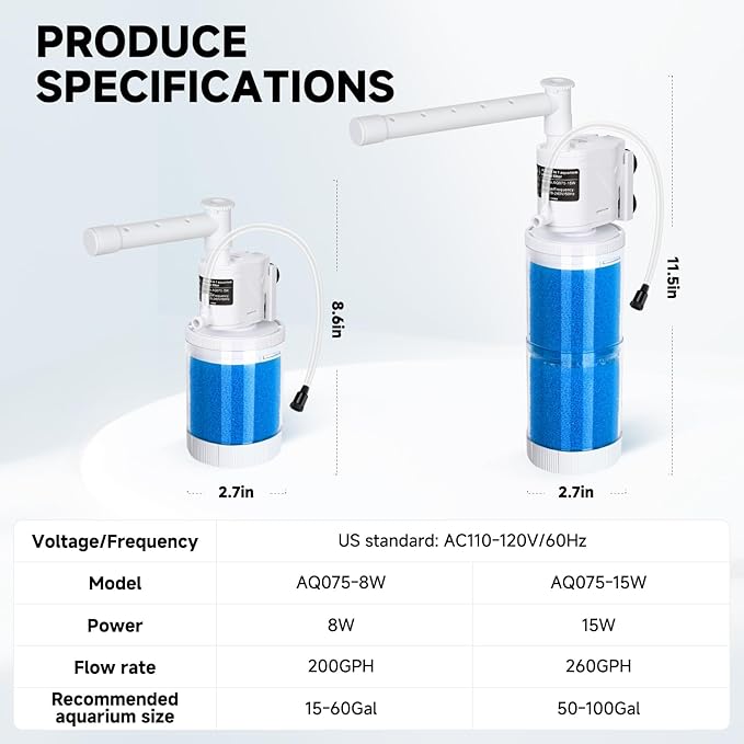 AQQA Submersible Aquarium Filter Whisper Fish Tank Filters Adjustable Internal Power Filter for 50-100 Gallon Water Filtration/Circulation/Oxygenation (15W,260GPH)