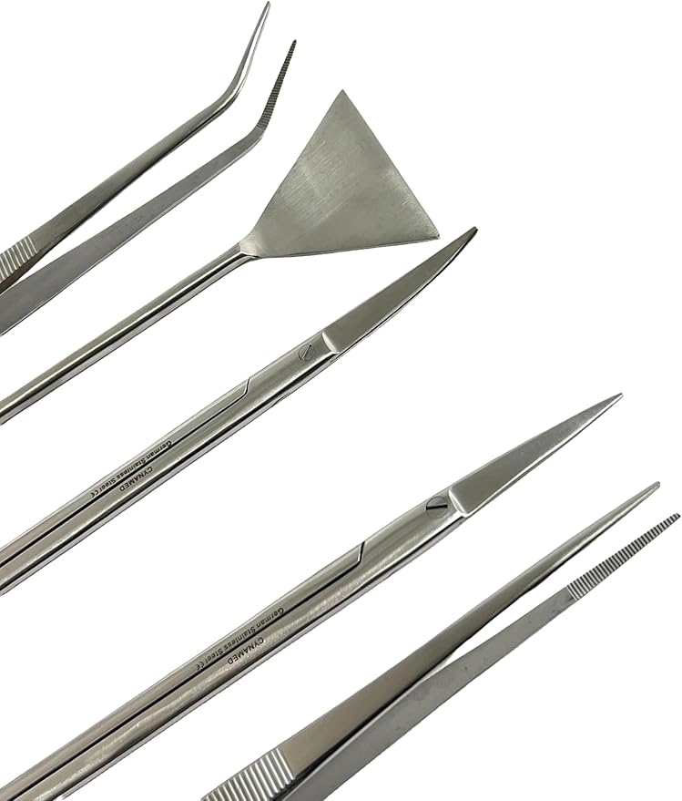 GERMAN FISH AQUARIUM CLEANING KIT STAINLESS 5PCS WITH POUCH BASIC TOOLS SCISSORS TWEEZERS SPATULA CYNAMED