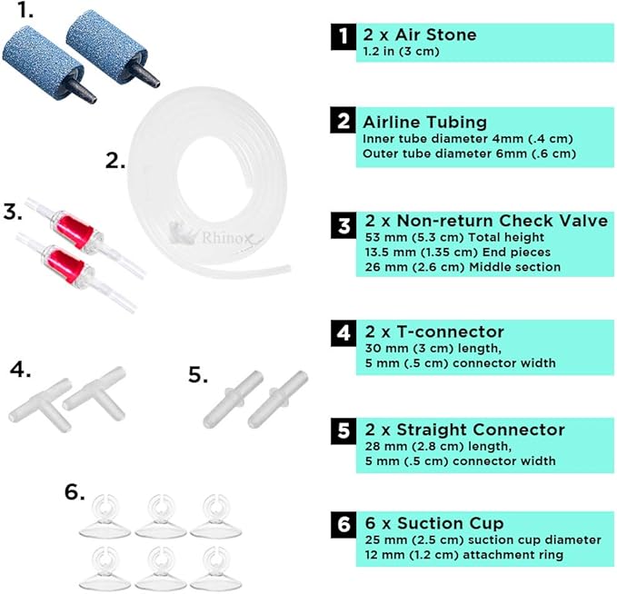Rhinox Aquarium Airline Tubing Set, Self-Assembly CO2 Diffuser Kit, 6-Feet Airline Tubing, 2 Air Stones and Check Valves, 4 Connectors, 6 Suction Cups