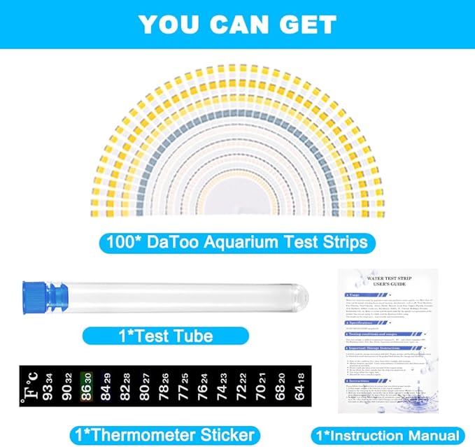 DaToo 8 in 1 Aquarium Test Kit Fish Tank Test Strips Accurate Water Quality Testing Strips for Ammonia PH Total Alkalinity Carbonate Hardness Free Chlorine Nitrate Nitrite Temperature (100 Strips)