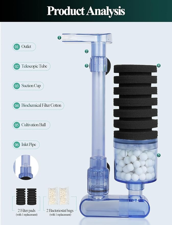 UPETTOOLS 10-40 Gla Aquarium Sponge Filter Ultra Quiet Aquarium Air Pump Small Sponge Fish Tank Filter Comes with 2 Sponges 2of Bio Ceramic Media Balls