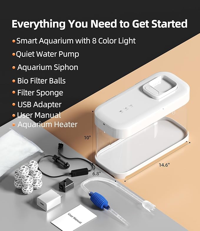 Smart Fish Tank 3 Gallon Aquarium Kit with Heater, Temperature Monitor, 3 Stage Filtration, 8 Color Lighting, Self Cleaning Small Betta Tank Acrylic