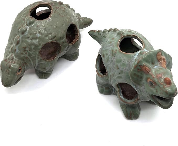 M2cbridge Aquarium Ceramic Cave Rock for Betta Shrimp Cichlid Fish Hideout Decor (Small Dinosaur 2pcs)