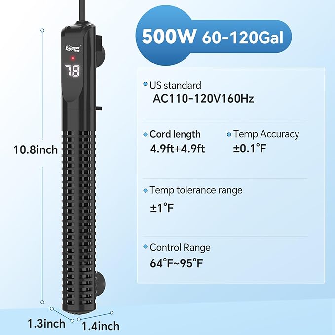 hygger Ceramic Submersible Aquarium Heater, New Explosion-Proof Fish Tank Water Heater with External Temp Controller Auto Thermostat Heater for Saltwater Freshwater (500W for 60~120 Gallon)
