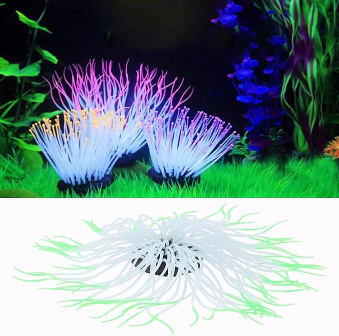Pssopp Simulation Silicone Luminous Sea Anemone Ornament Artificial Plant Simulation Sea Anemone for Aquarium Fish Decoration with Suction Cup(Green)