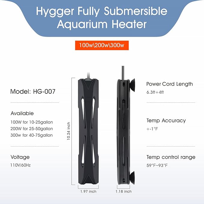 hygger Submersible Aquarium Heater with External Controller & LED Display - 200W Fully Submerged Fish Tank Heater for Freshwater Saltwater - for 25 to 50 Gallon Tanks