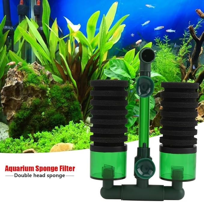 Aquarium Sponge Filter Dual Head Black Green Sponge with Filter Box Biofiltration and Oxygenation for Fish Tank Aquariums Under 23.6 Inch(QS-200A)