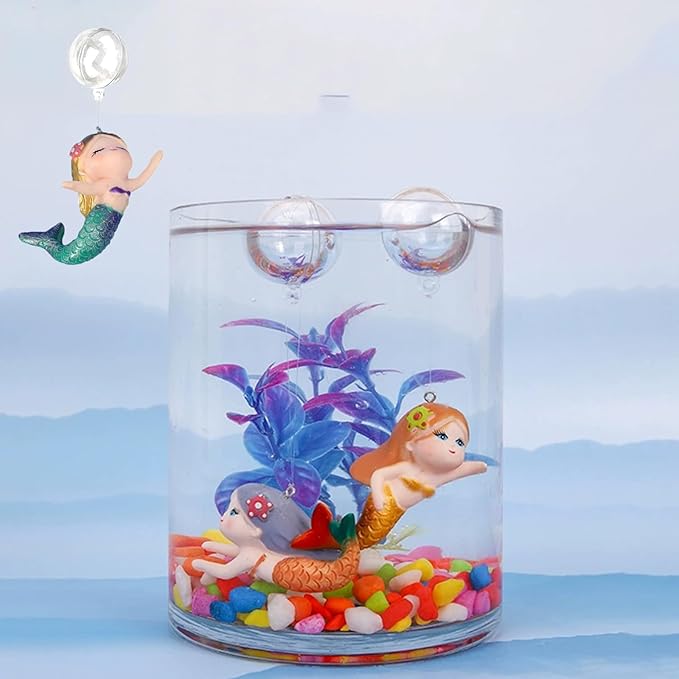 Floating Mermaid Aquarium Ornament, Handcrafted Cute Mermaid Statue with Floating Ball, Colorful PVC Resin Fish Tank Decor for Home Aquariums & Desktop Water Features (Colorful)