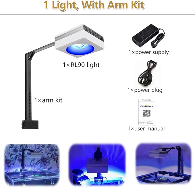 PopBloom RL90 LED Aquarium Light, Smart APP Control Fish Tank Light Reef Lights for Coral 60-240CM Marine Tank, Arm Mounting Aquarium Light with Timer and Brightness Adjustable