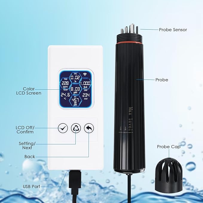 7-in-1 Wireless WiFi Water Quality Monitor, Smart Water Tester Measures pH/TDS/EC/ORP/Salinity/SG/Temp, Multi-Parameter Tester with Real-Time Alerts, Thermometer for Freshwater & Saltwater Aquarium